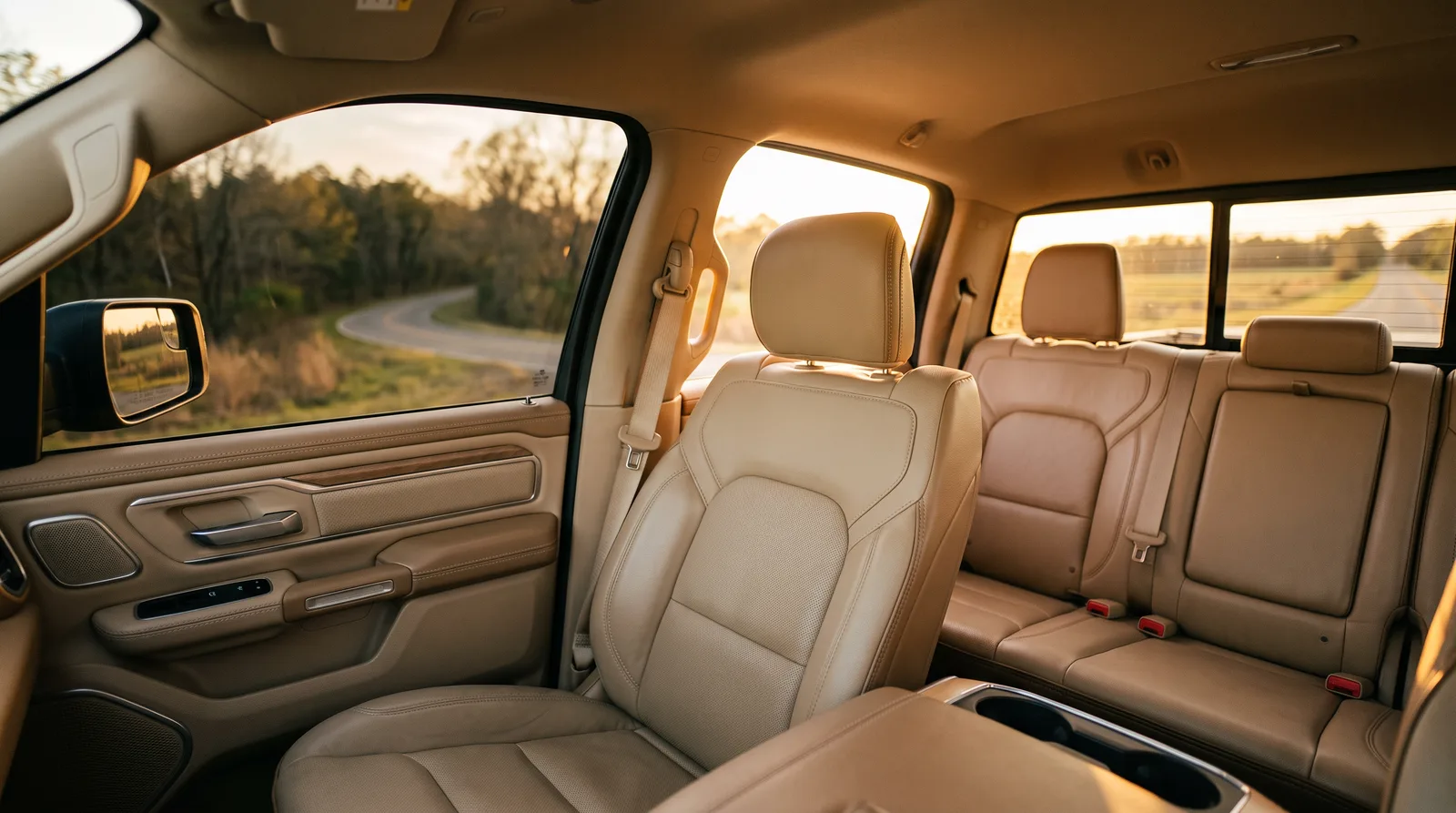 Pickup truck cabin with warm Alabama golden-hour sun on clean leather seats, window tint for trucks in Auburn AL