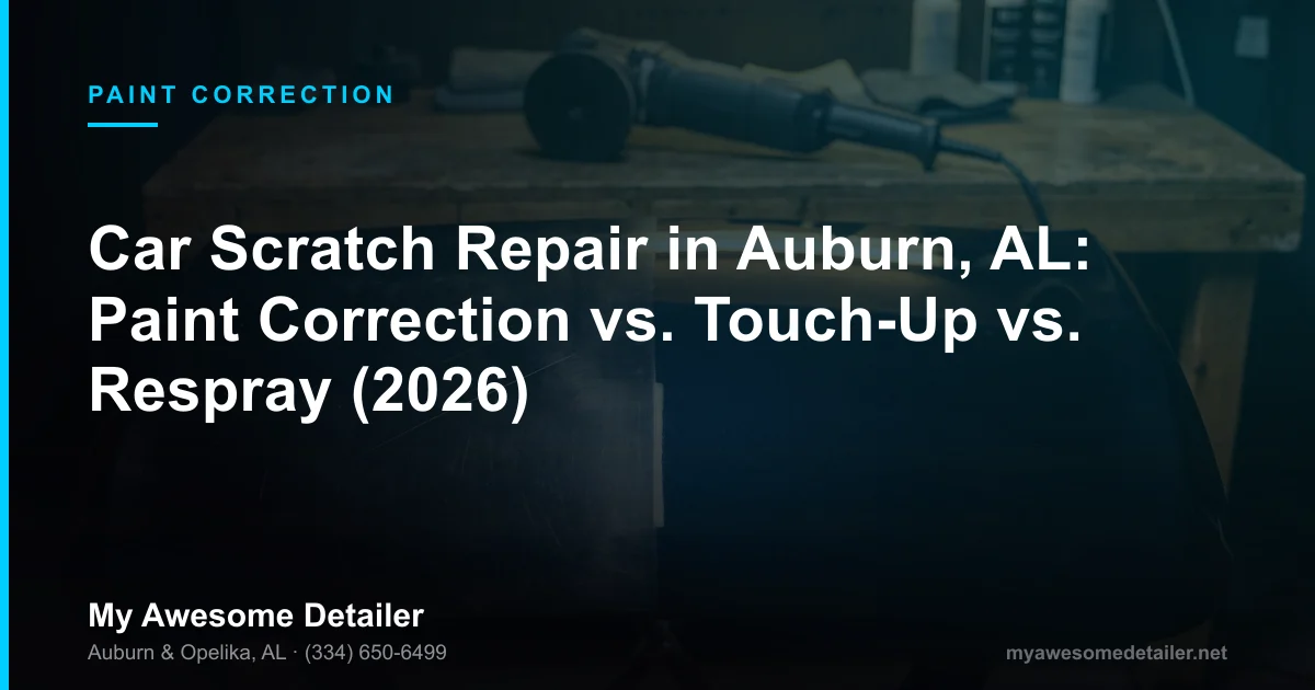 Car scratch repair in Auburn AL comparing paint correction, touch-up paint, and full respray options at My Awesome Detailer, Opelika AL