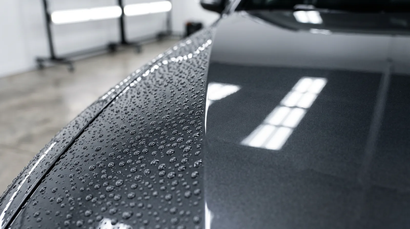 Water beading on a freshly ceramic coated dark gray hood in an indoor detailing studio