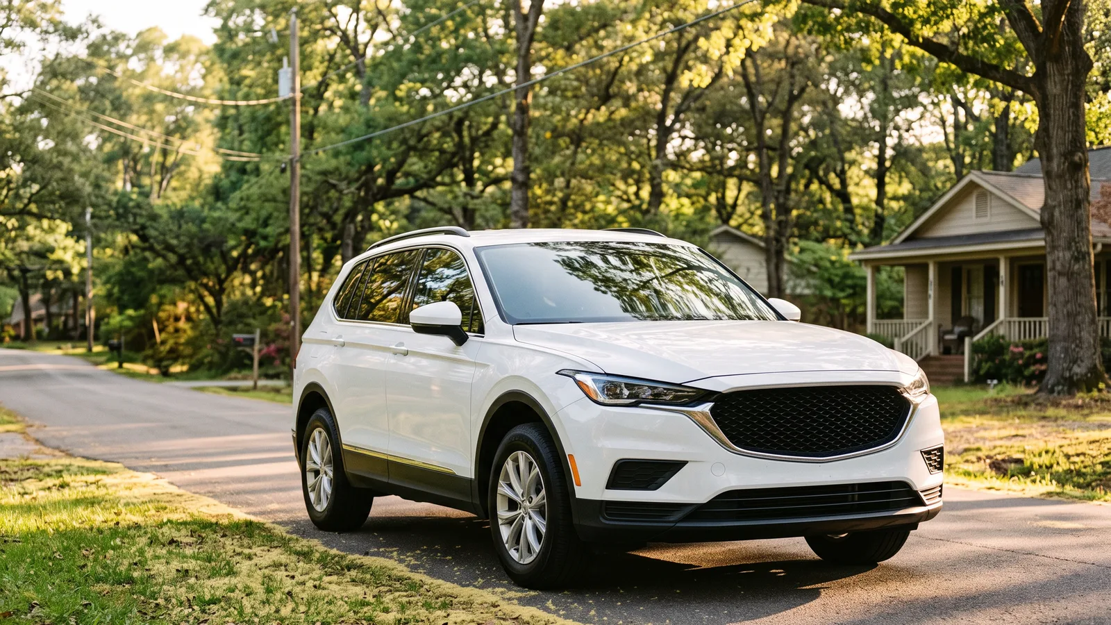 A clean white SUV parked on a tree-lined Alabama street in golden-hour sun