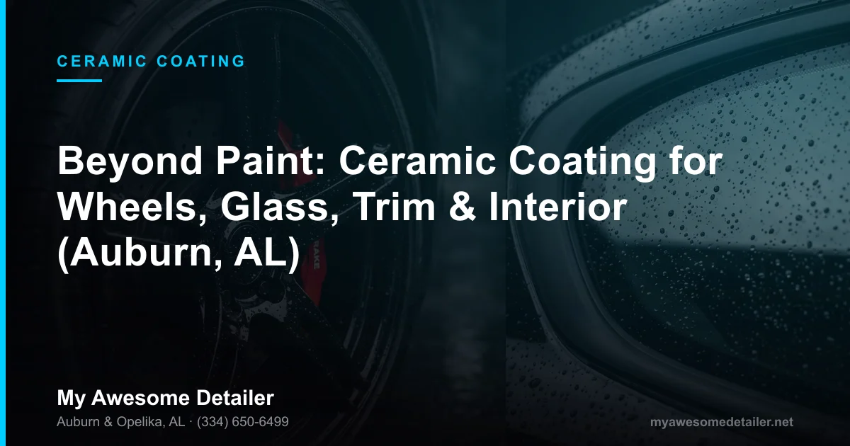 Close-up of a ceramic-coated wheel, glass, and interior leather seat at My Awesome Detailer in Opelika, Alabama