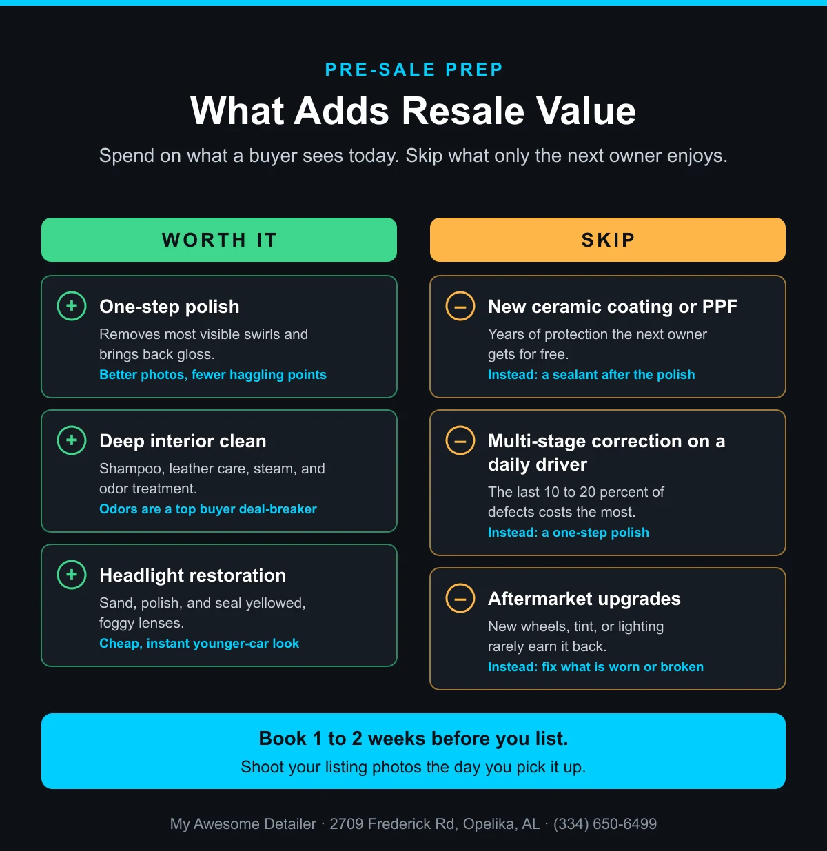 Infographic: pre-sale prep worth paying for versus what to skip before selling a car, from My Awesome Detailer, Opelika AL