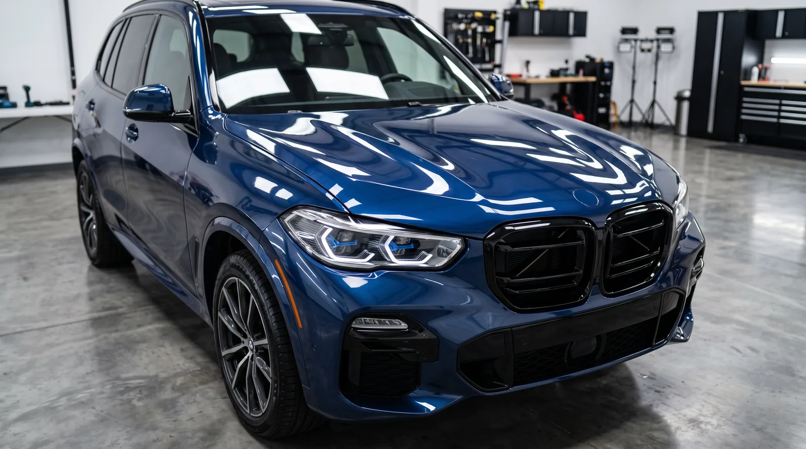Dark blue SUV with a glossy, chip-free hood and bumper under clear paint protection film in a clean indoor detailing studio, PPF resale value
