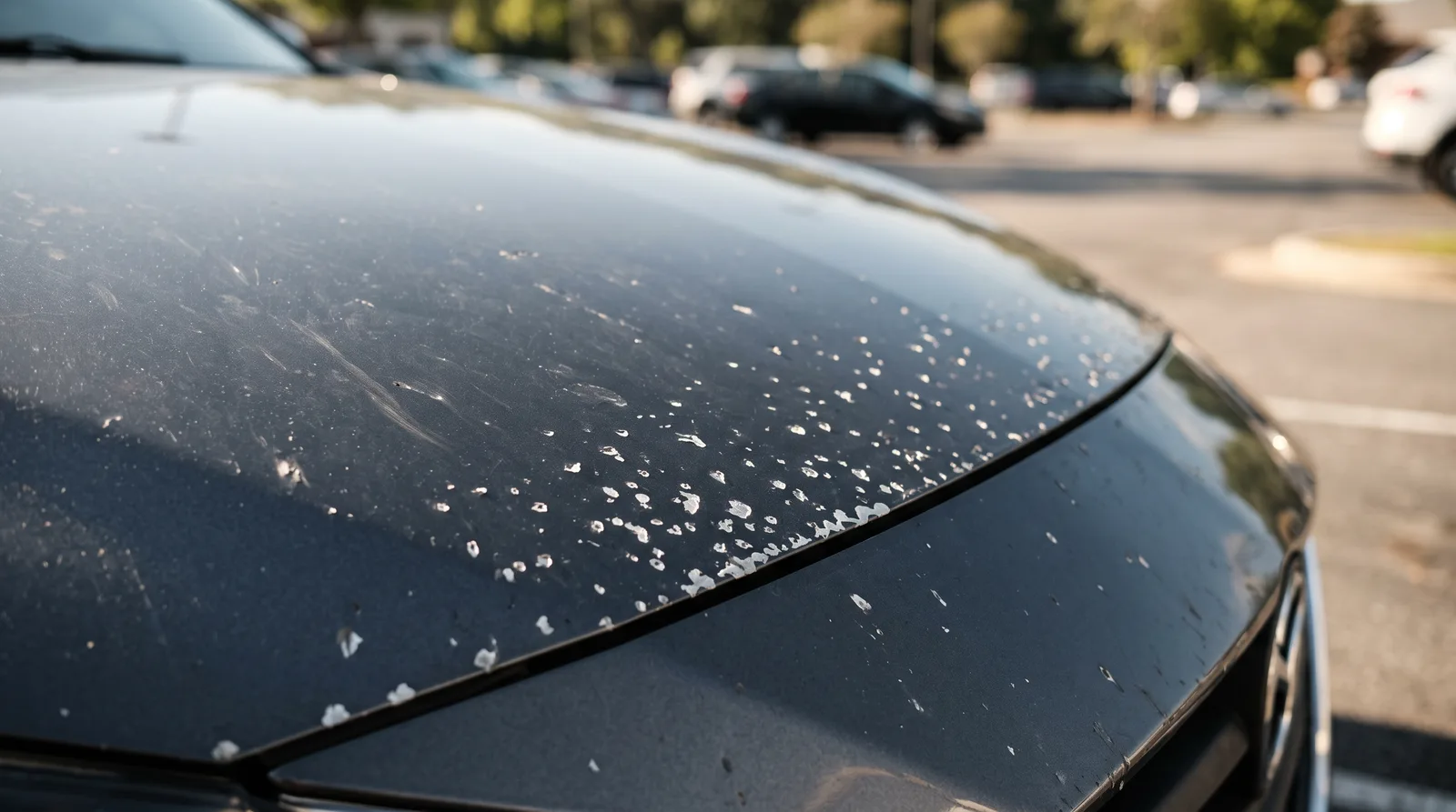 Close-up of a dark gray car hood leading edge covered in white rock chips from highway driving, the damage PPF prevents before selling a car