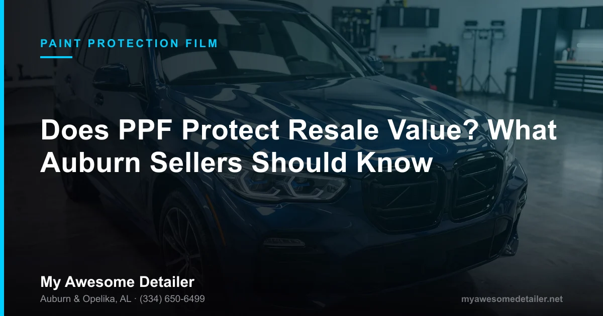 Does PPF protect resale value, dark blue SUV with a glossy chip-free front end, My Awesome Detailer, Opelika AL