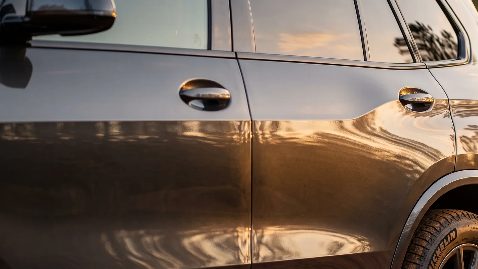 Dark gray SUV door and rear quarter panel with deep gloss in golden-hour Alabama sun beside a red clay road