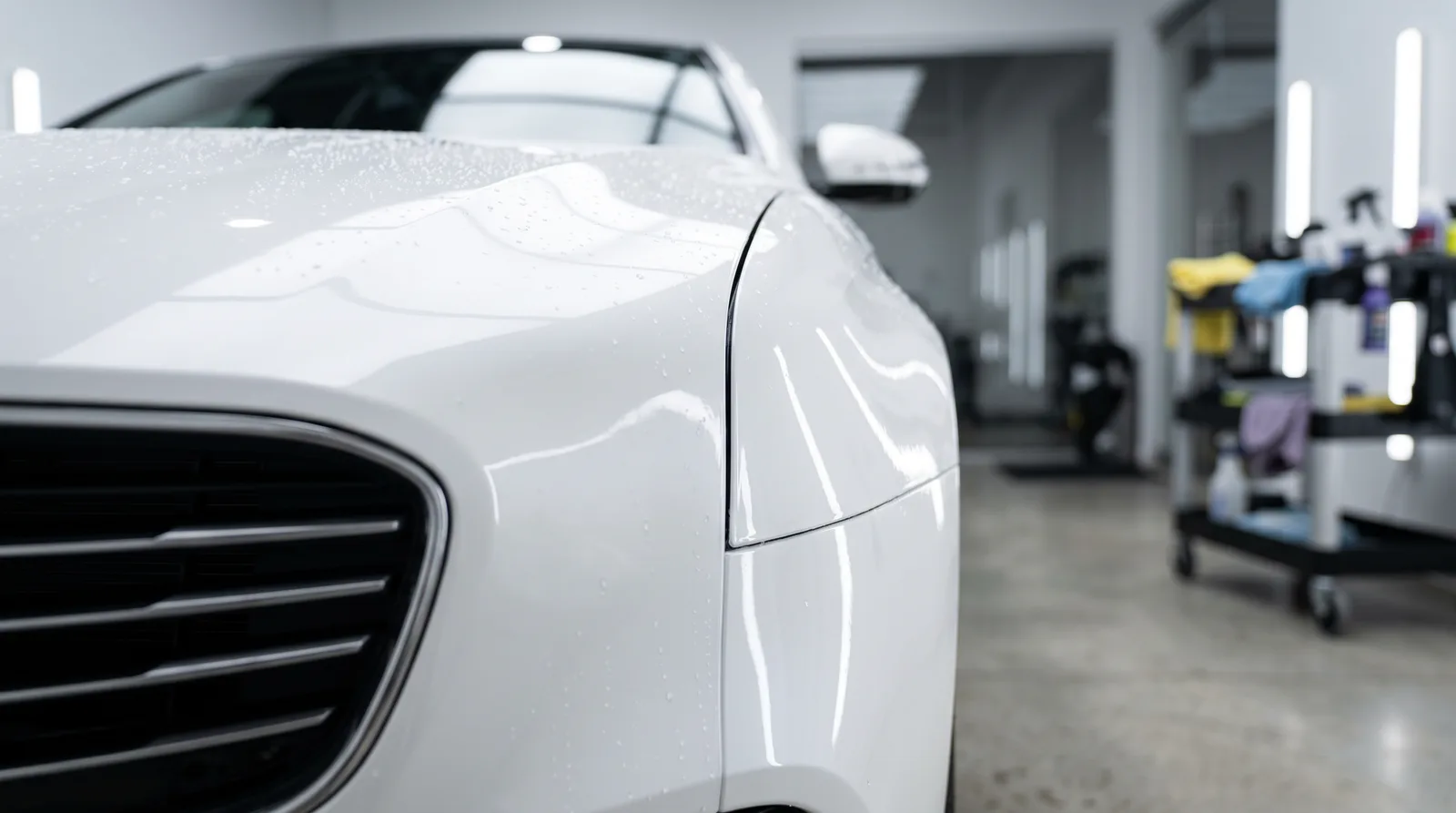 Glossy white car fender with clean, clear paint protection film and water beads in a detailing studio
