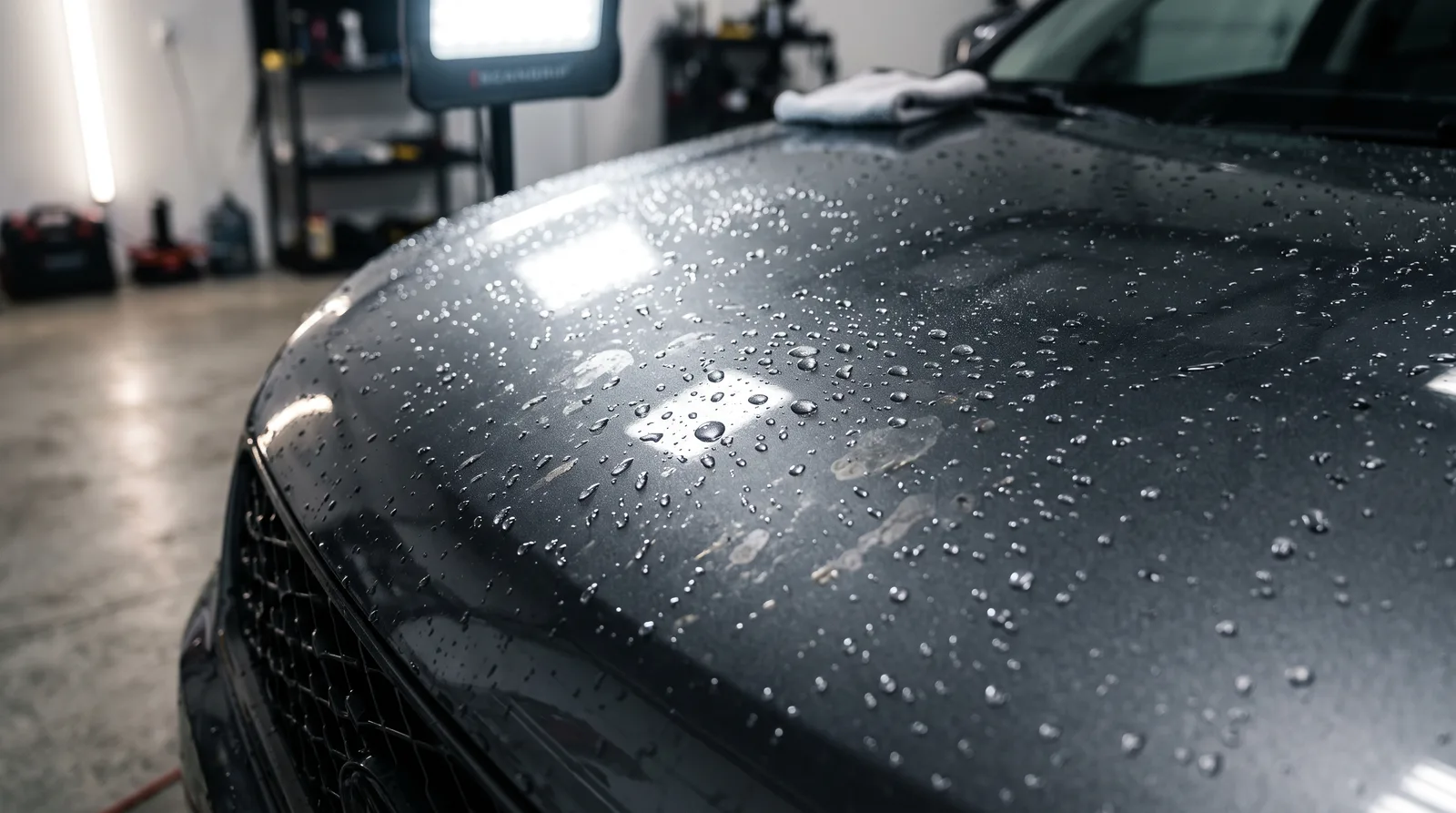 Dark gray SUV hood with water beads and dried sticky residue marks under an inspection light, gameday car care in Auburn AL