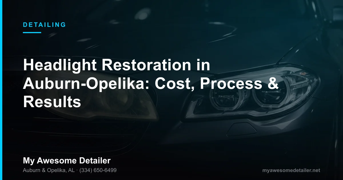 Foggy yellow headlight before and clear restored headlight after professional restoration in Opelika, Alabama