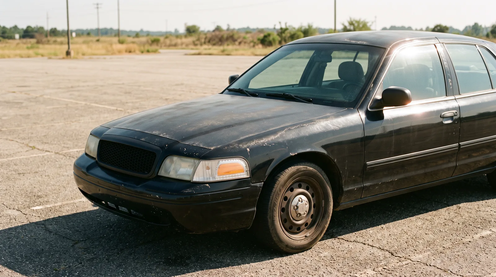 Black sedan hood in harsh Alabama midday sun with heat shimmer rising off dull, oxidized paint