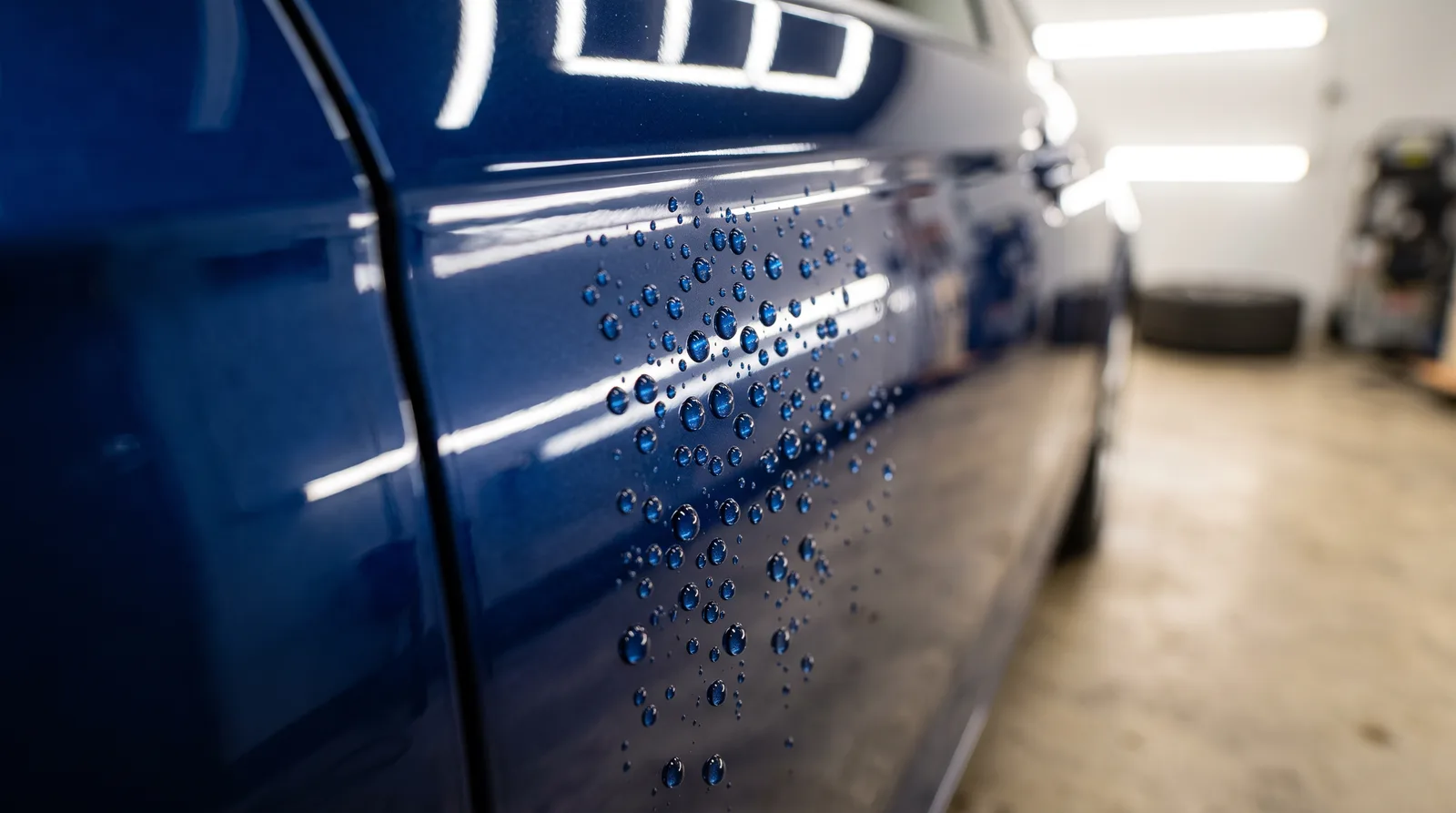 Close-up of glossy blue car door with tight water beads in a clean indoor detailing studio after correction and protection