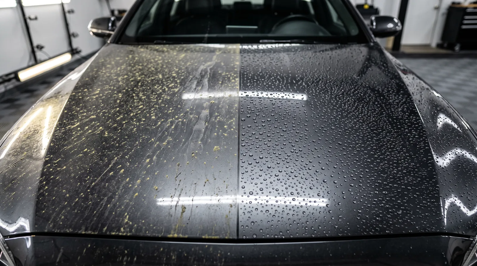 Car hood split between a pollen-covered half and a freshly washed half with water beading in a detailing studio