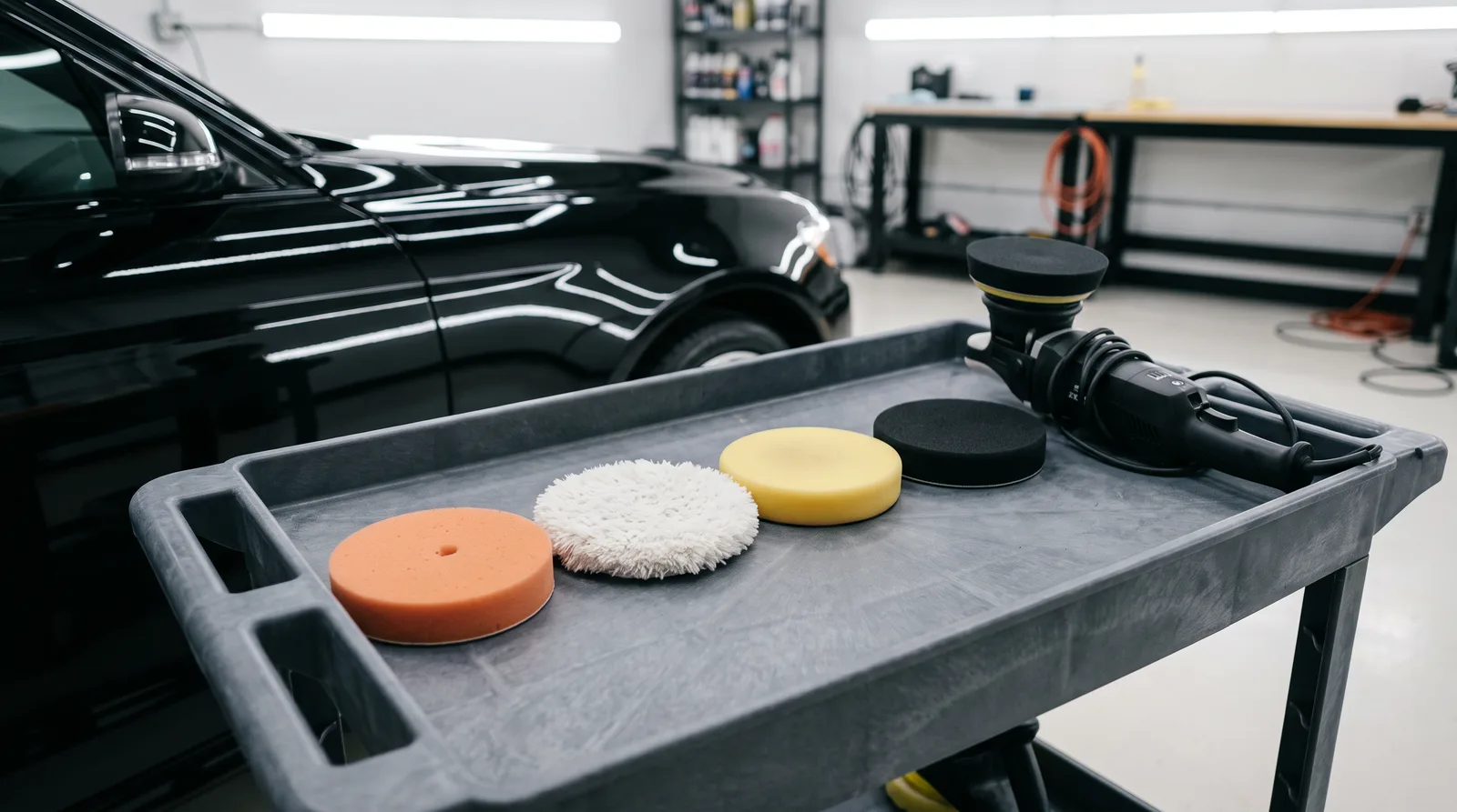 Orange foam cutting pad, white microfiber cutting pad, yellow foam polishing pad, and black foam finishing pad lined up beside a dual-action polisher, with a glossy black car in a detailing studio