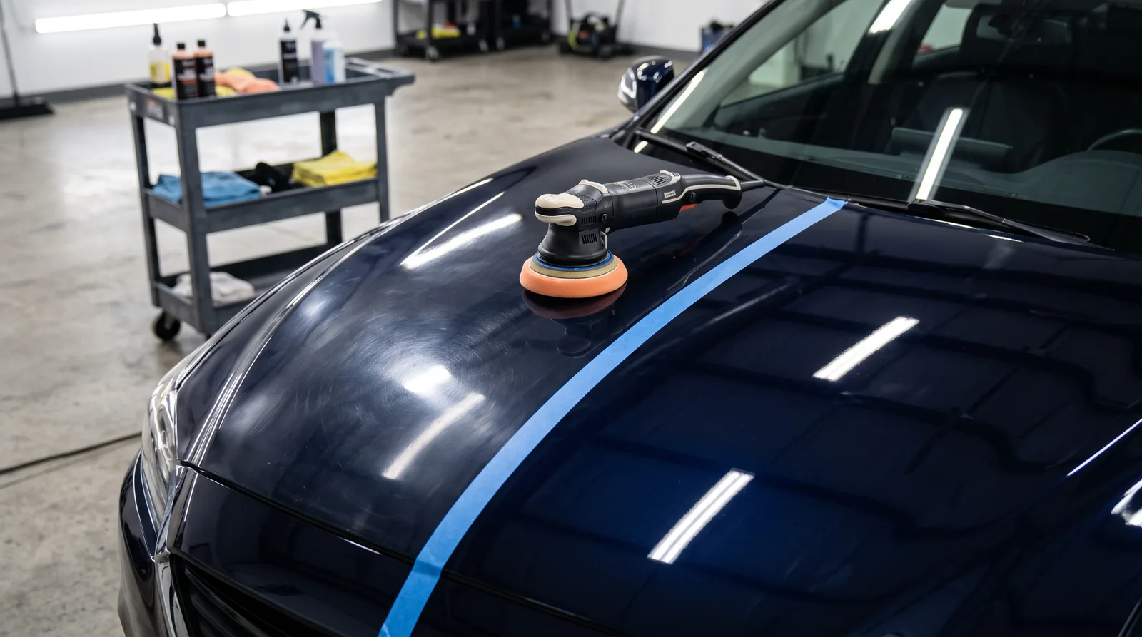 Dual-action polisher with an orange foam pad on a dark blue car hood divided by painter tape into a swirled test section and a polished section during paint correction