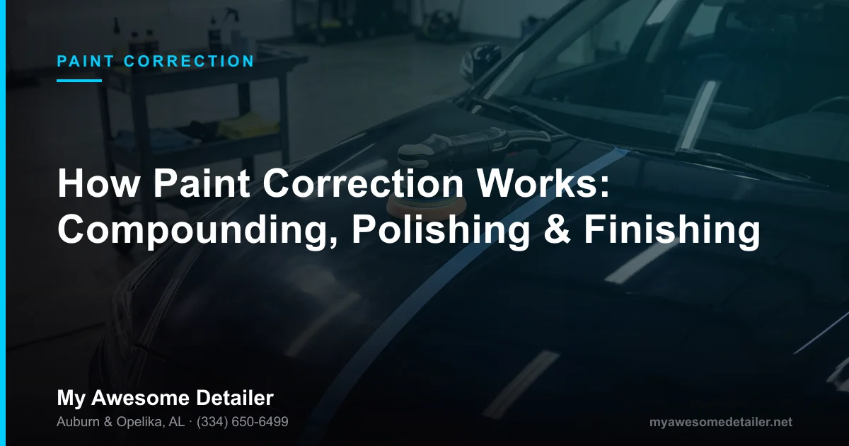 How paint correction works, dual-action polisher on a taped dark blue hood showing swirled and polished paint, My Awesome Detailer, Opelika AL