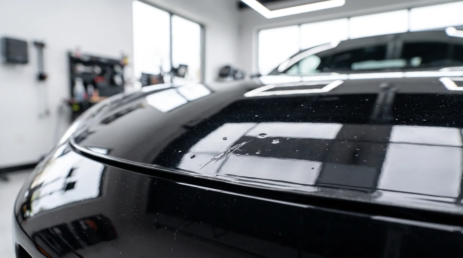 Small rock chip impact dimples and a deep scratch in clear paint protection film on a black car hood inside a detailing studio, damage PPF self-healing cannot fix