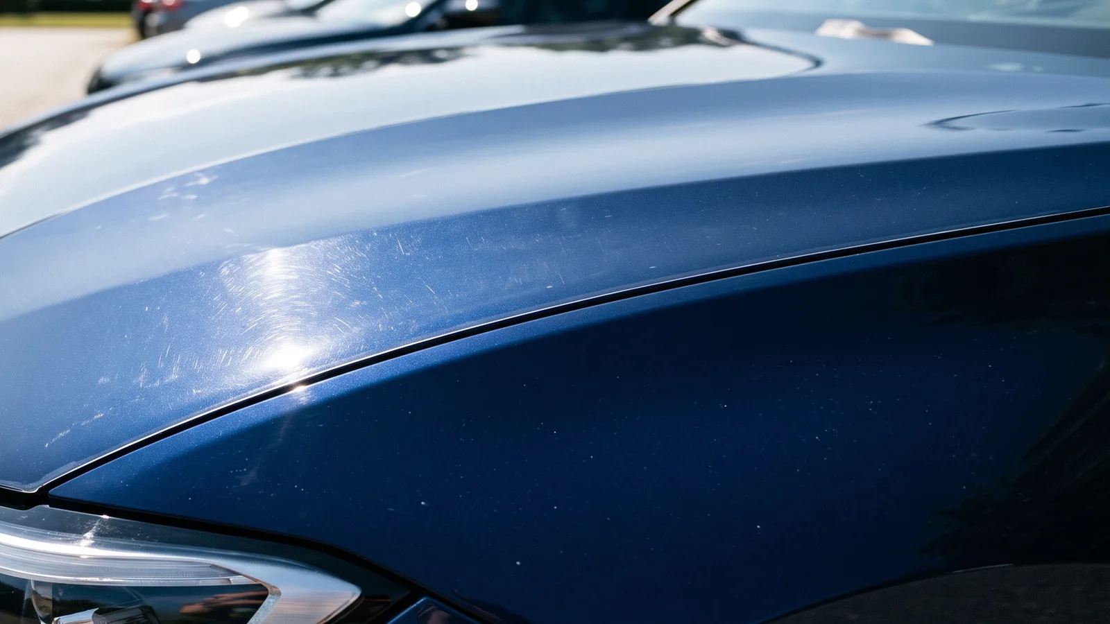 Fine swirl scratches catching the sun on a dark blue car hood, the kind of light marring self-healing PPF recovers from with heat
