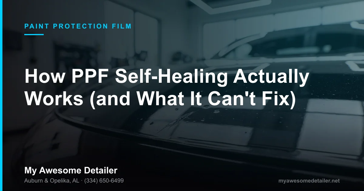 How PPF self-healing works, rock chip dimples in clear paint protection film on a black hood, My Awesome Detailer, Opelika AL