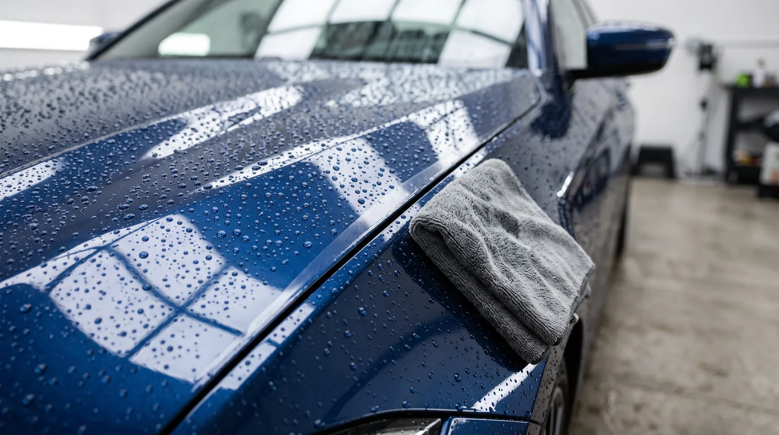 Glossy dark blue hood and fender with clear paint protection film, water beading across the surface and a fine film edge along the panel line, how to care for paint protection film