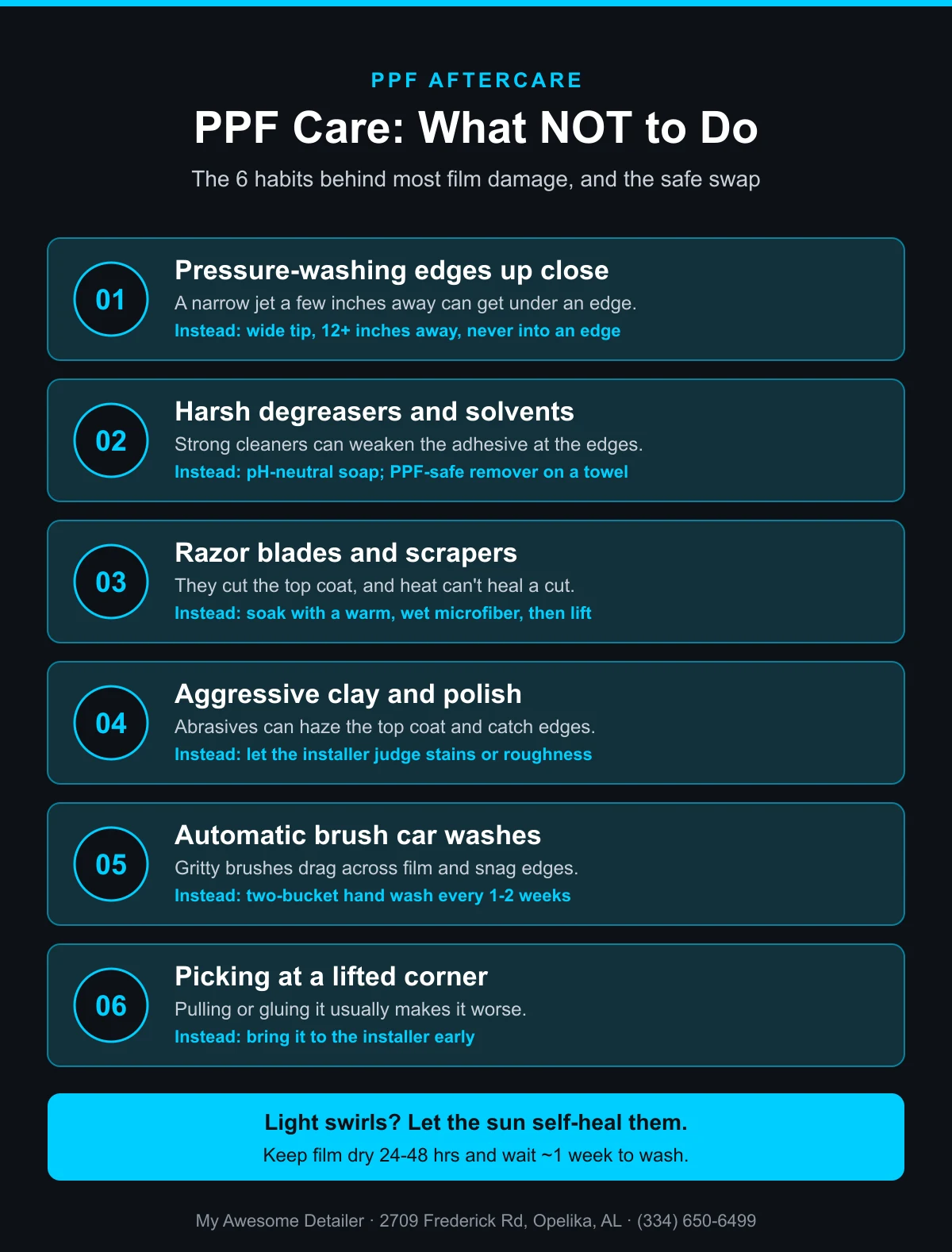 Infographic: six PPF aftercare mistakes to avoid and the safe alternative for each, from My Awesome Detailer, Opelika AL