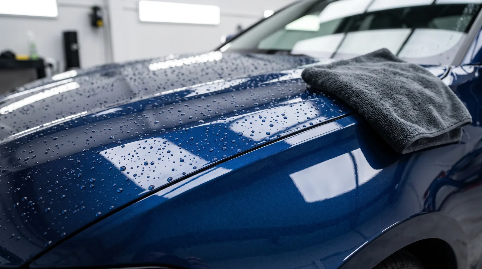 Freshly hand-washed dark blue hood and fender protected by paint protection film, water beading on the glossy surface beside a microfiber drying towel, PPF maintenance