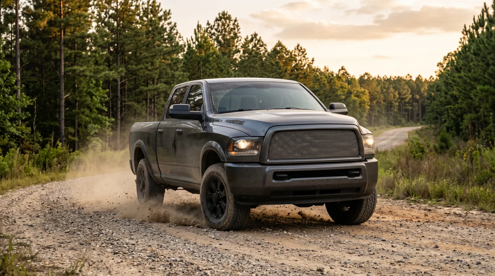 Dark gray full-size pickup truck kicking up gravel and dust on an Alabama pine forest road, the rock chip exposure that makes PPF for trucks worth it