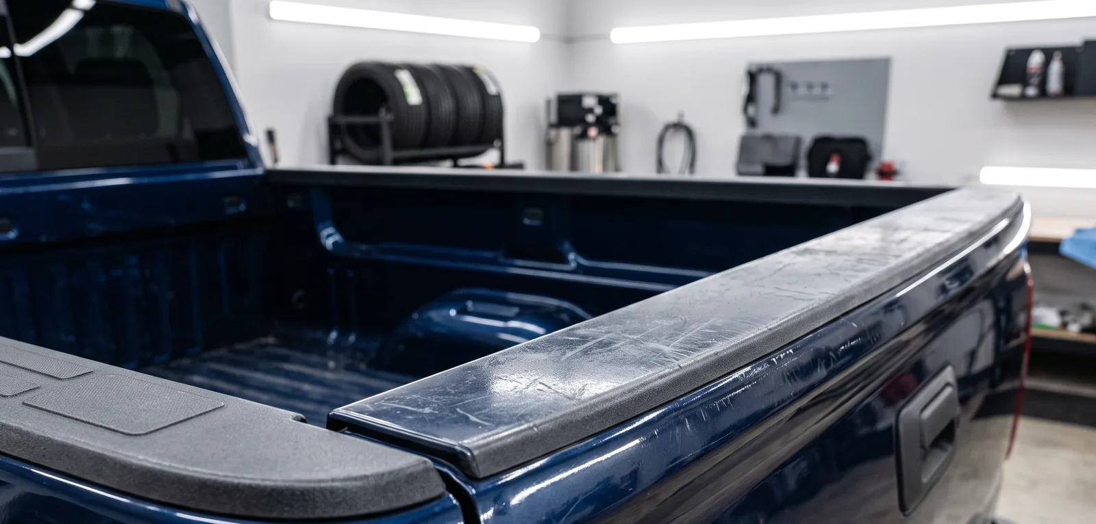 Close-up of scratched, scuffed bed rail and tailgate edge on a dark blue pickup truck inside a detailing studio, the cargo wear truck bed rail film prevents