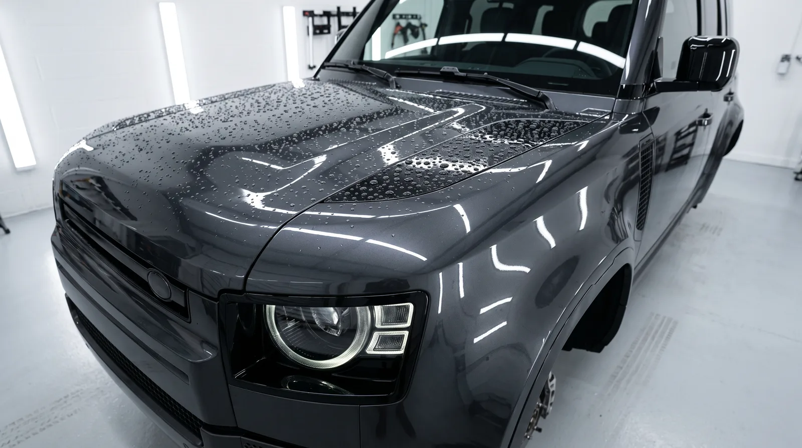 Glossy dark gray boxy off-road SUV hood and fender beading water in a clean indoor detailing studio, protected paint on a Bronco-style front end