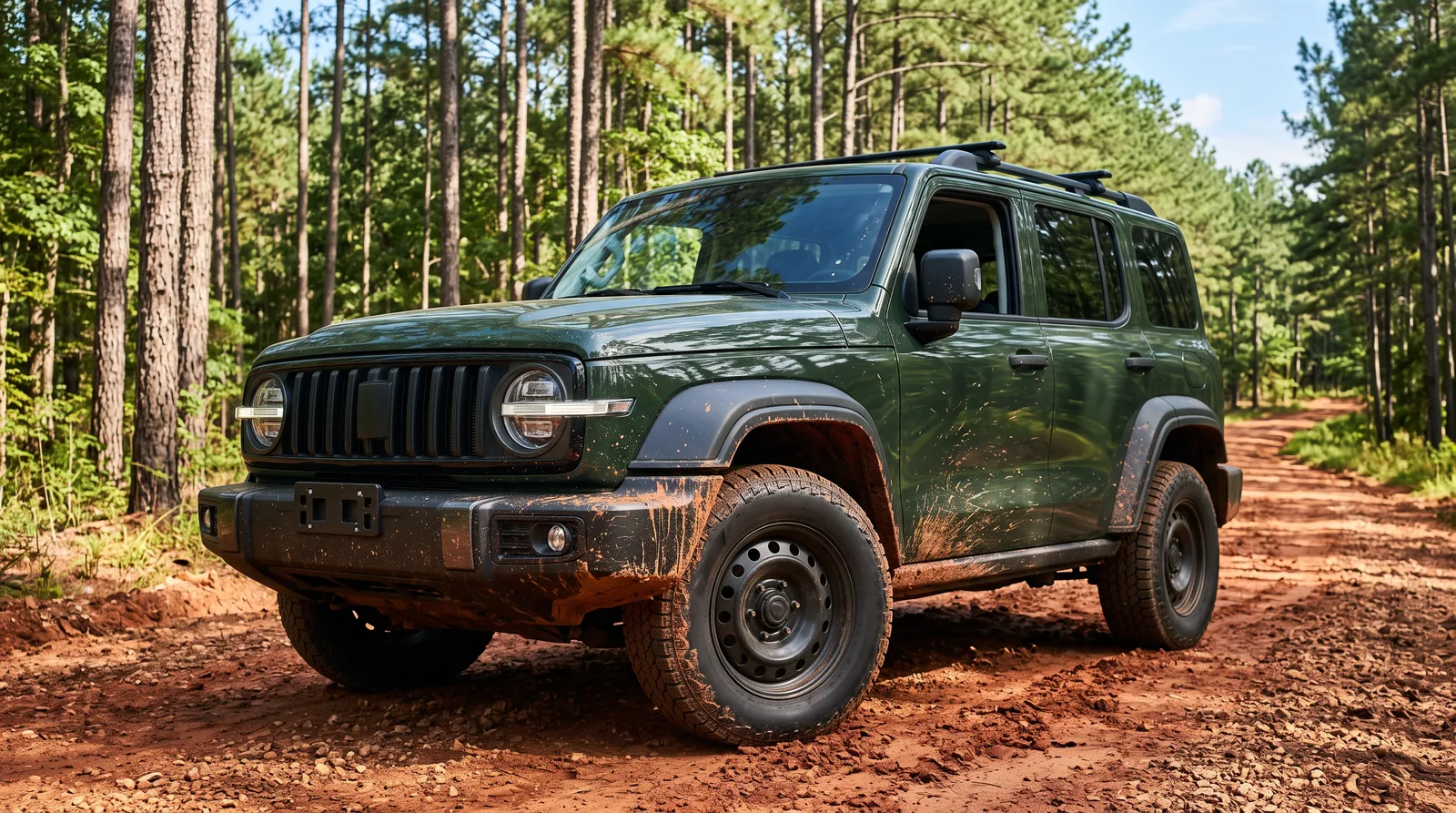 Boxy off-road SUV splattered with red clay on an Alabama pine forest gravel road, the trail debris and rock chips that make PPF on a Ford Bronco worth it