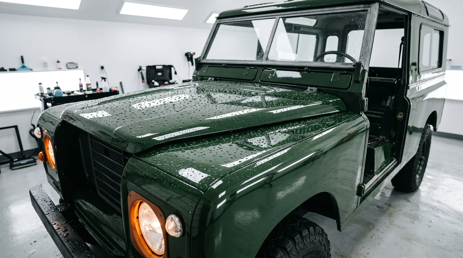 Glossy dark green boxy off-road 4x4 with doors removed, water beading on its flat hood and fender tops in a clean indoor detailing studio, the kind of flat panels ideal for paint protection film