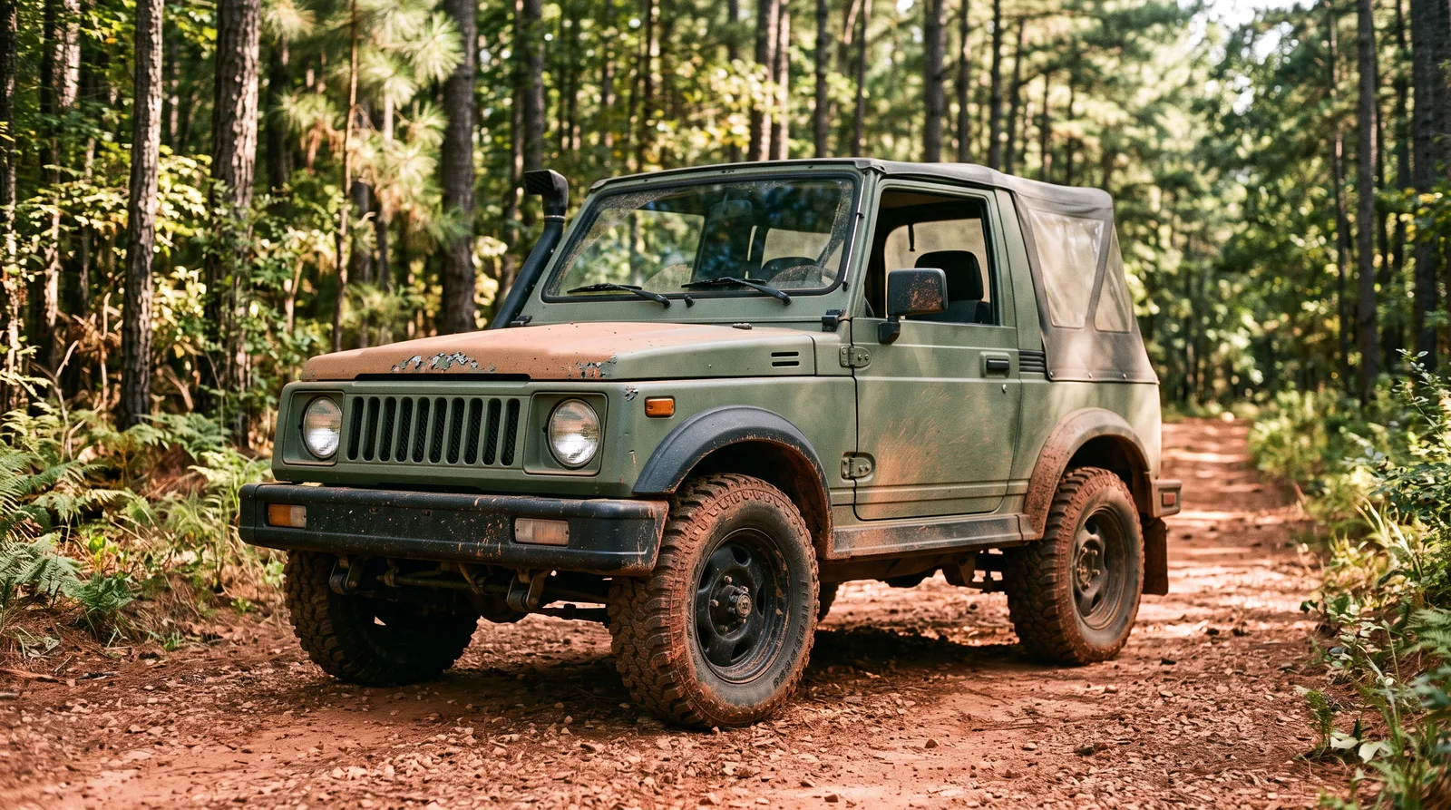 Boxy two-door off-road 4x4 dusted with red clay on an Alabama pine forest gravel trail, the trail rash and rock chips that make PPF on a Jeep Wrangler worth it