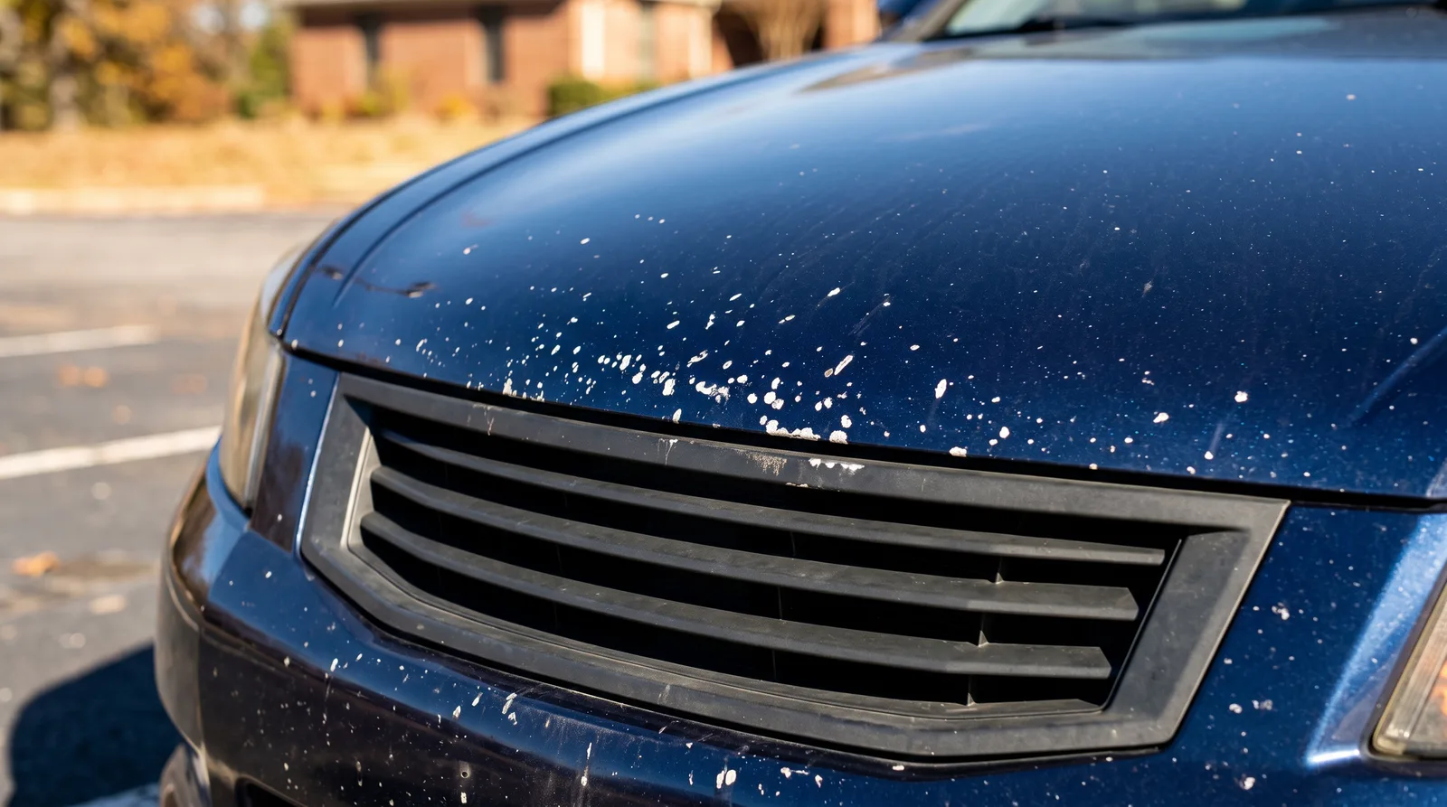 Close-up of a dark blue daily driver sedan's hood leading edge and grille covered in small rock chips, the damage paint protection film prevents on a normal car