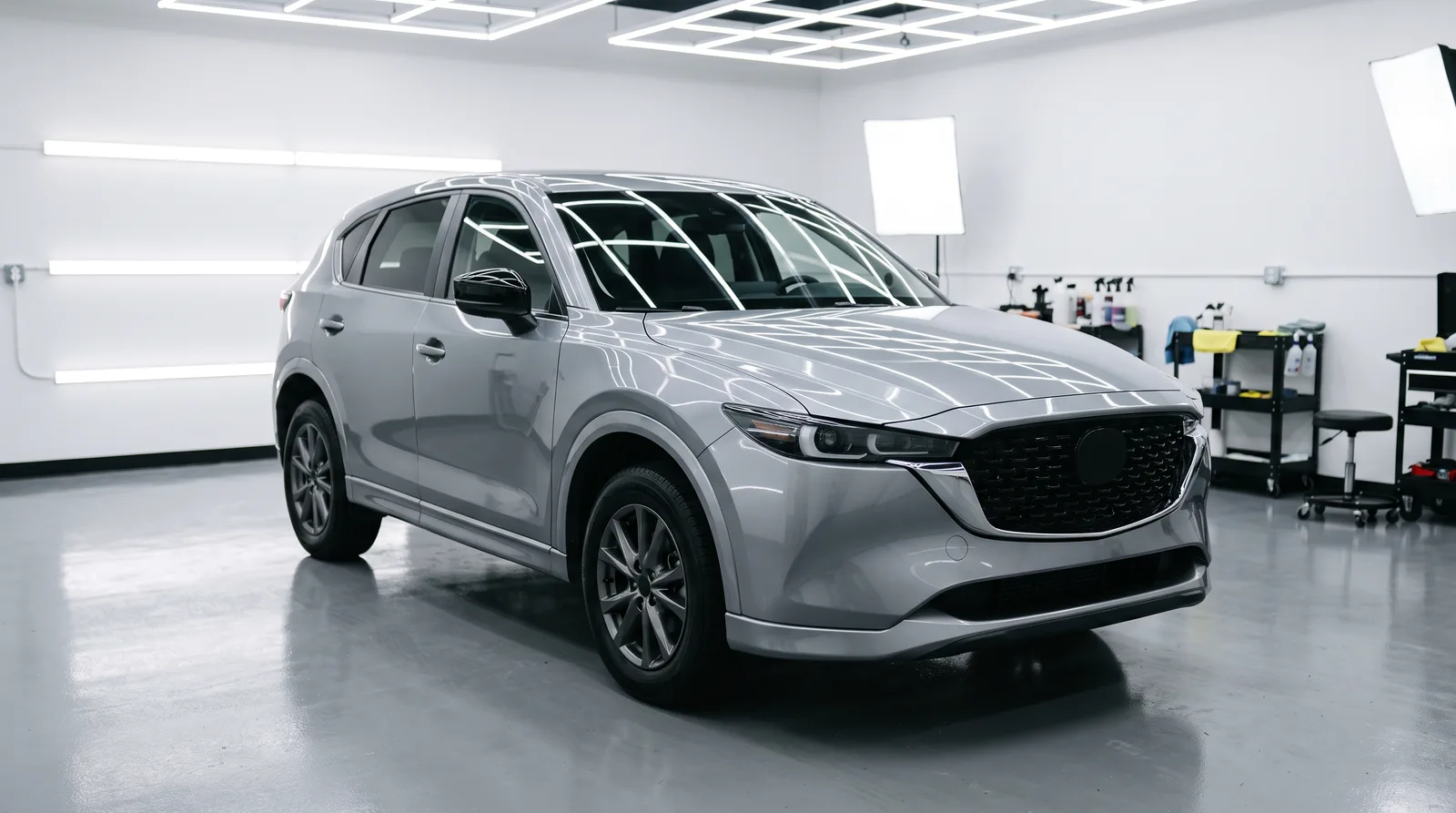 Everyday silver crossover SUV with a glossy, chip-free hood and front bumper in a clean indoor detailing studio, PPF for a daily driver