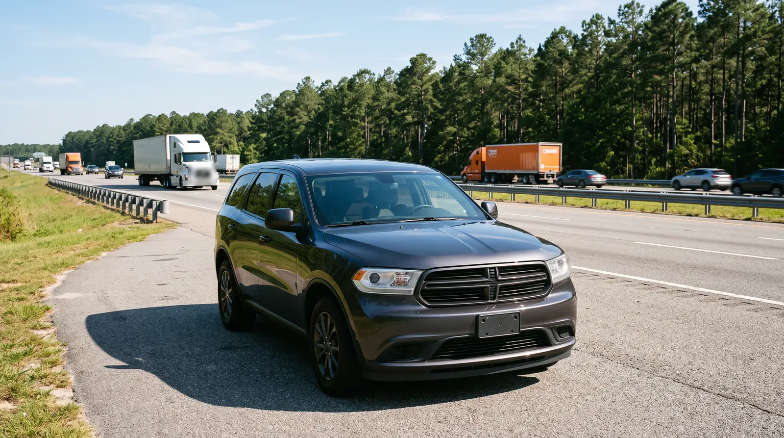 Dark charcoal SUV with a glossy, chip-free hood and front bumper parked beside an Alabama interstate with trucks in the distance, PPF for highway commuters