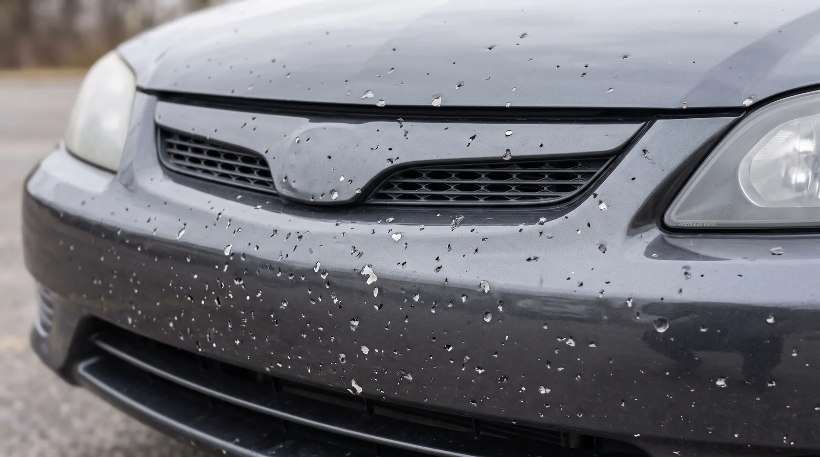 Close-up of a dark gray car front bumper and hood edge covered in rock chips from highway commuting, the damage paint protection film prevents