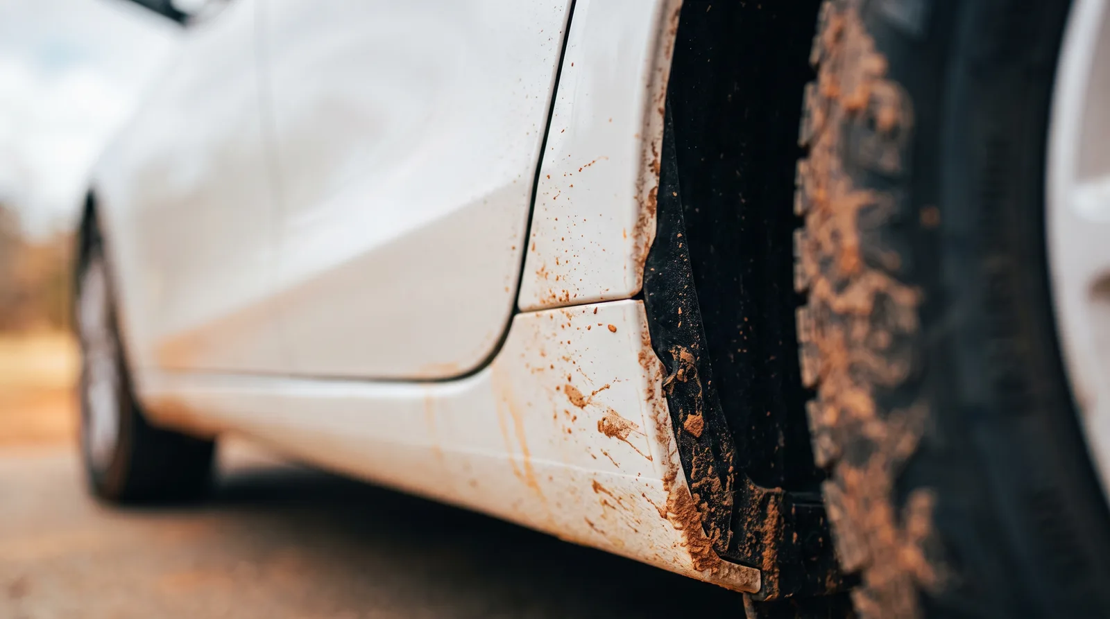 Red clay dust and dried red dirt splash on the lower rocker panel and wheel well of a white car, Alabama red clay car paint problem