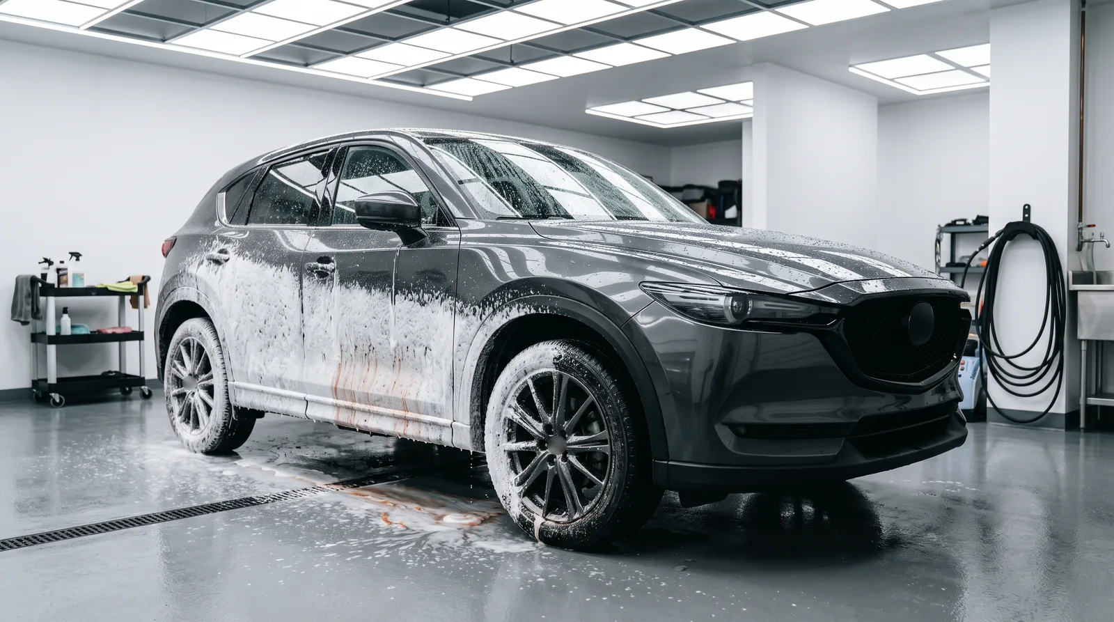 Dark gray SUV in an indoor detailing studio with foam rinsing red clay residue off the lower door