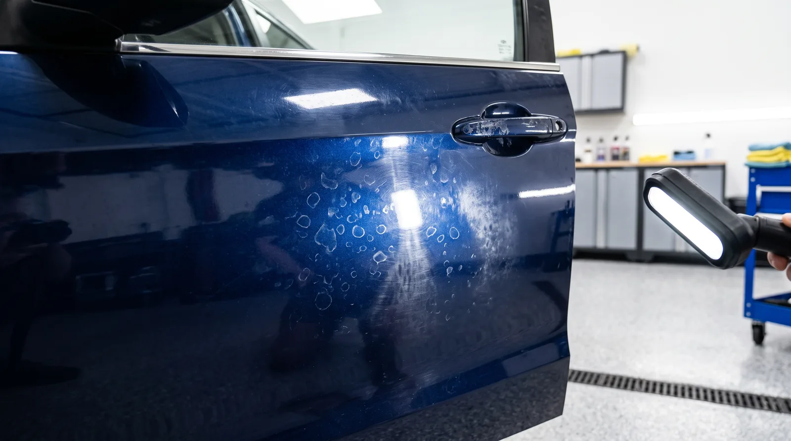 Dark blue car door inside a detailing studio with an inspection light revealing etched water spot rings and haze in the clear coat, a sign the car needs paint correction