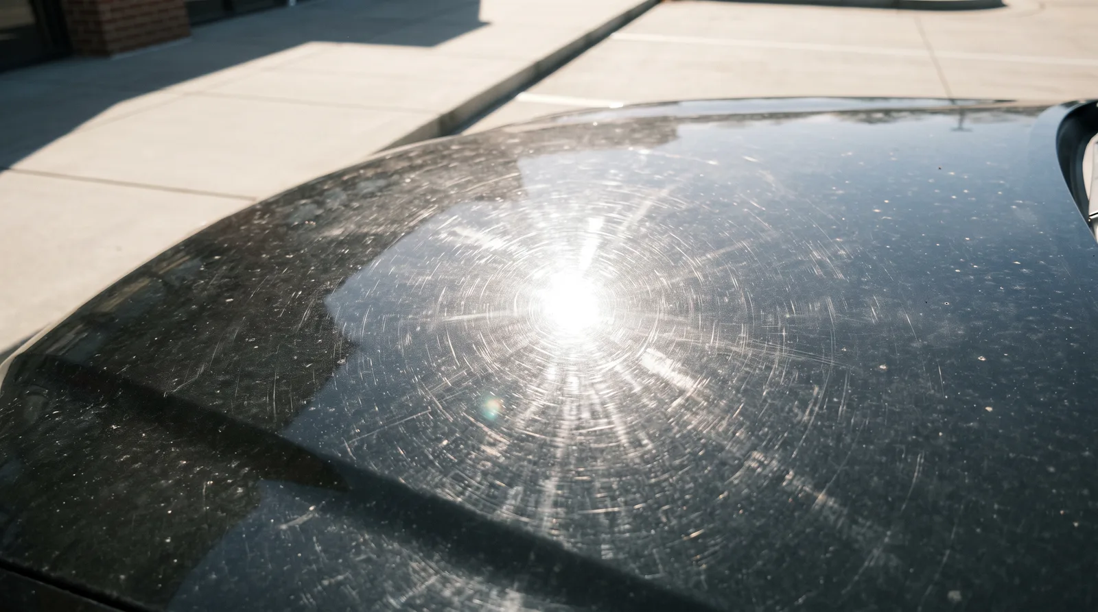 Black car hood in bright Alabama sun showing spiderweb swirl marks and fine scratches circling the sun's reflection, a classic sign you need paint correction