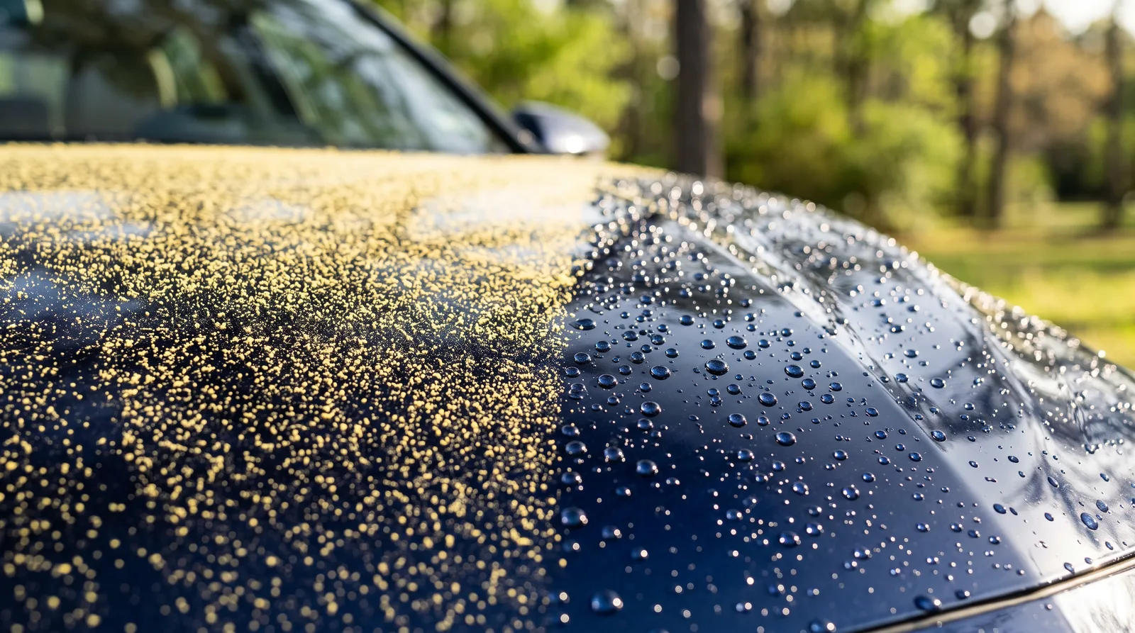 Dark blue car hood in spring with yellow pine pollen on one side and water beading on protected paint on the other