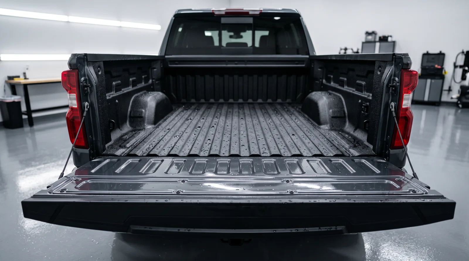 Freshly cleaned and dressed spray-in bed liner in a dark gray pickup truck bed with the tailgate down inside an indoor detailing studio, truck bed detailing