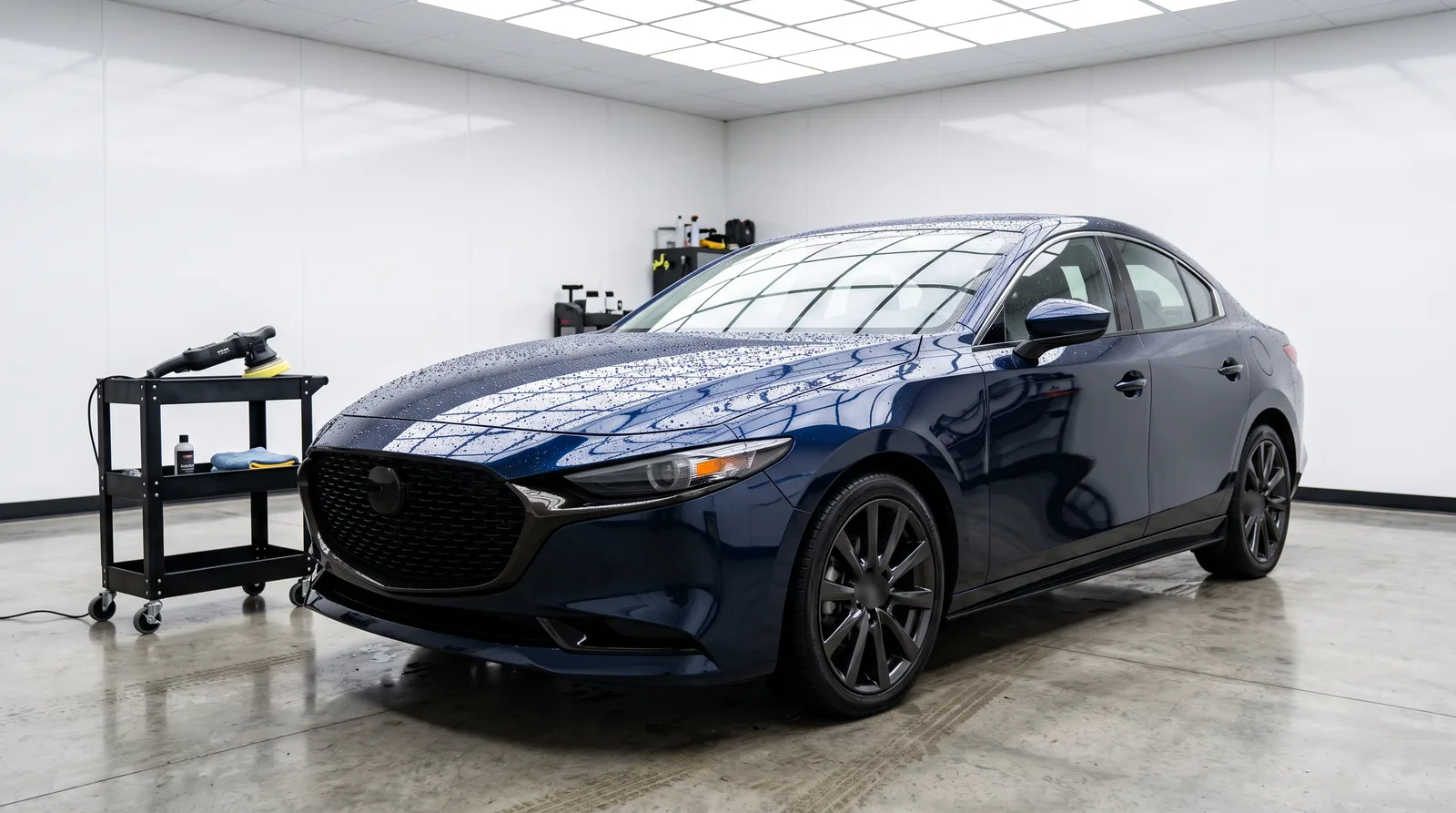Dark blue sedan in a clean indoor detailing studio with corrected, ceramic coated paint beading water, next to a polisher on a cart
