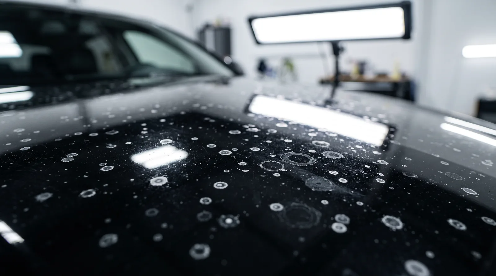 Close-up of hard water spots and etched rings on a black car hood under an LED inspection light, the kind of water spot damage that needs paint correction