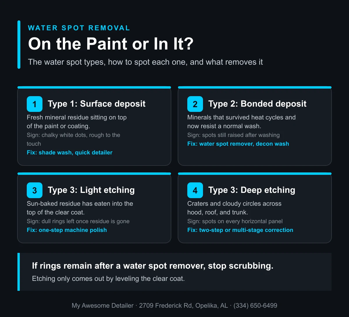 Infographic: the types of water spots on car paint, how to spot each one, and what removes it, from My Awesome Detailer, Opelika AL