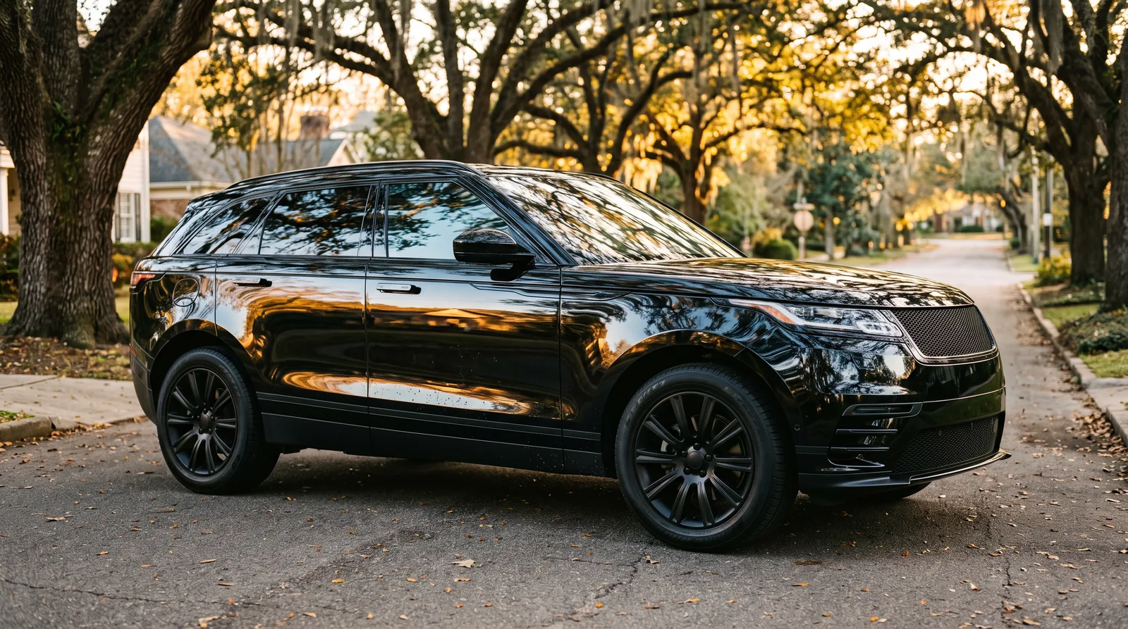 Glossy black SUV with a deep reflective finish parked under oak trees in golden-hour Alabama sun