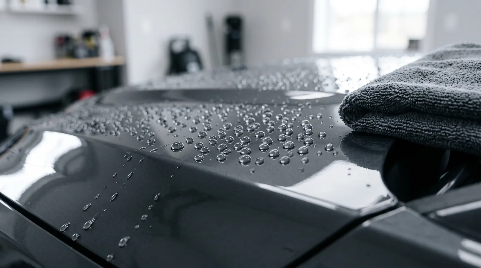 Tight water beads on a ceramic coated dark gray hood after a wash in a detailing studio