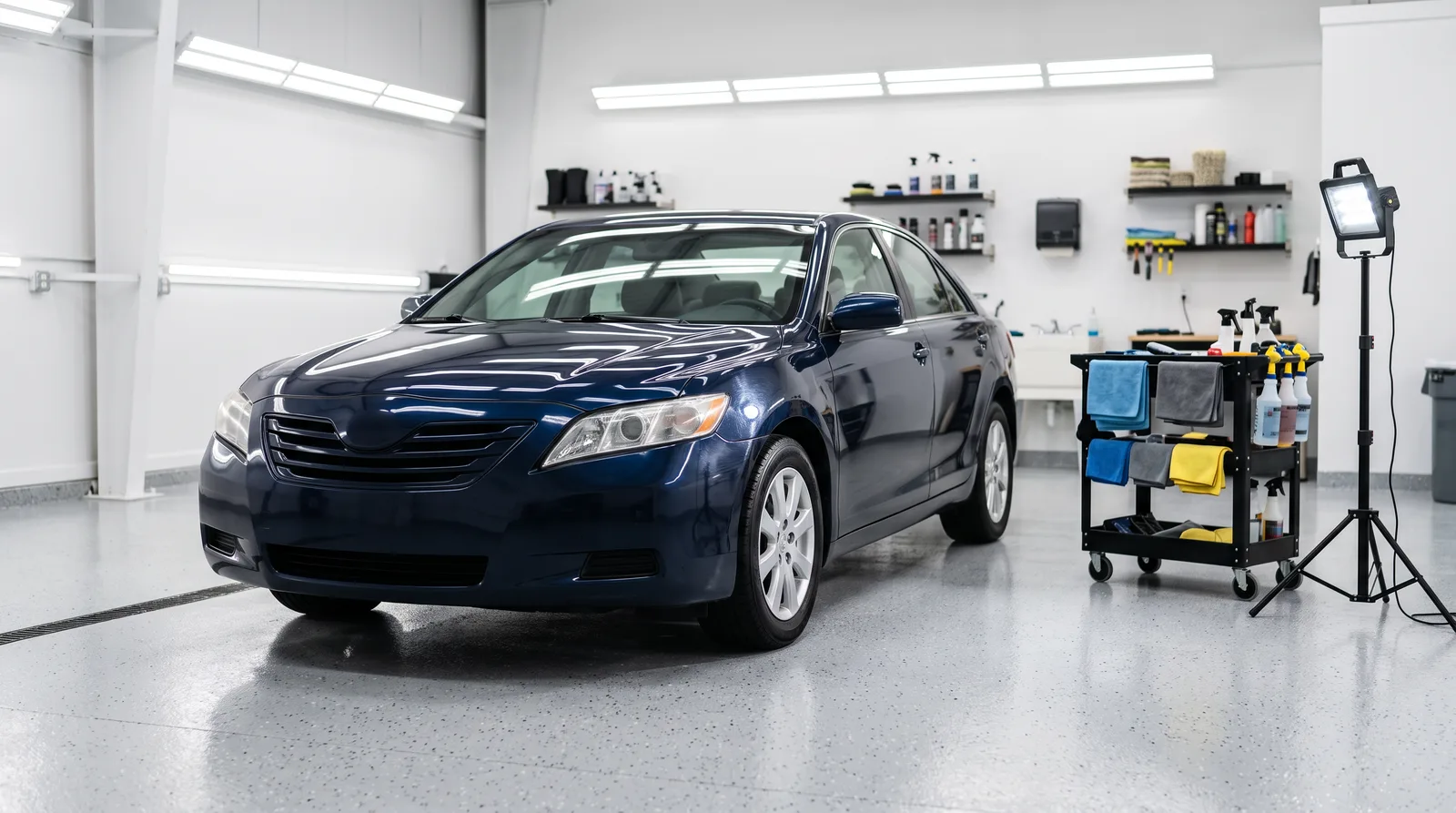 Dark blue sedan in a bright indoor detailing studio bay with an inspection light and towel cart, ready for a car detailing appointment walk-around