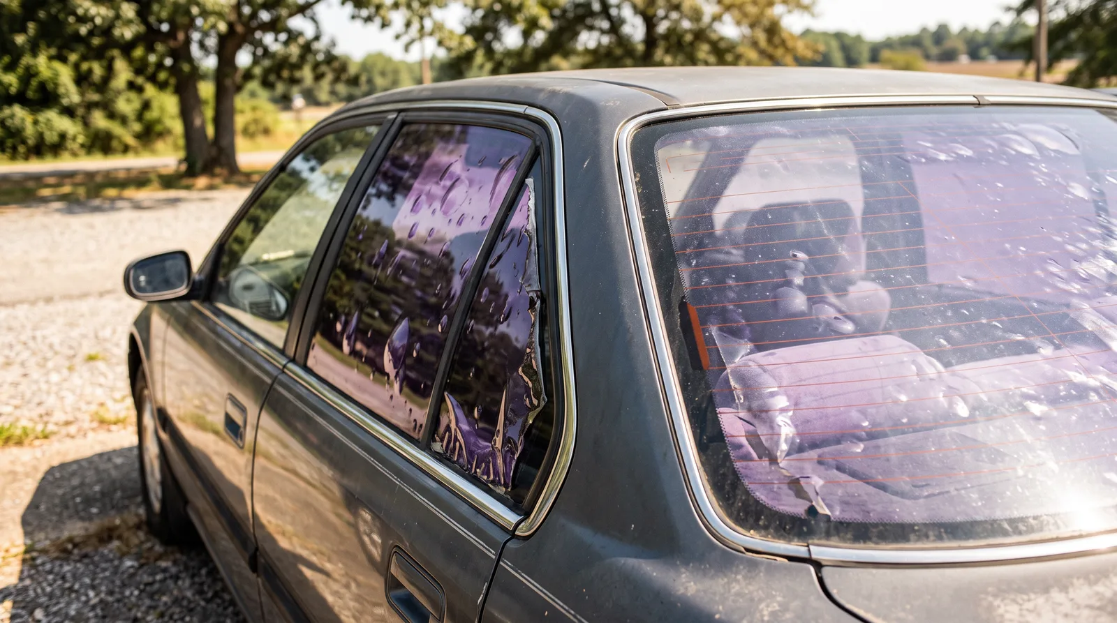 Faded purple window tint on a sedan rear windshield with horizontal rear defroster lines visible through the film, showing why careful window tint removal matters on rear glass