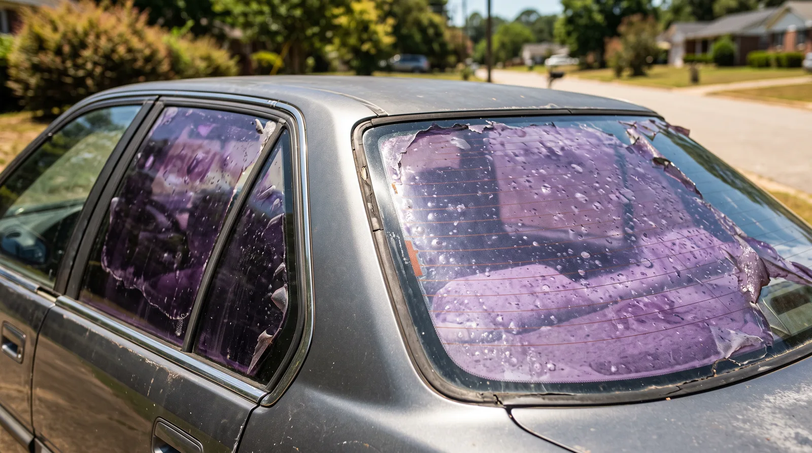 Old window tint turned purple with bubbling and peeling edges on a gray sedan's rear side window and rear windshield, a clear sign it is time for window tint removal