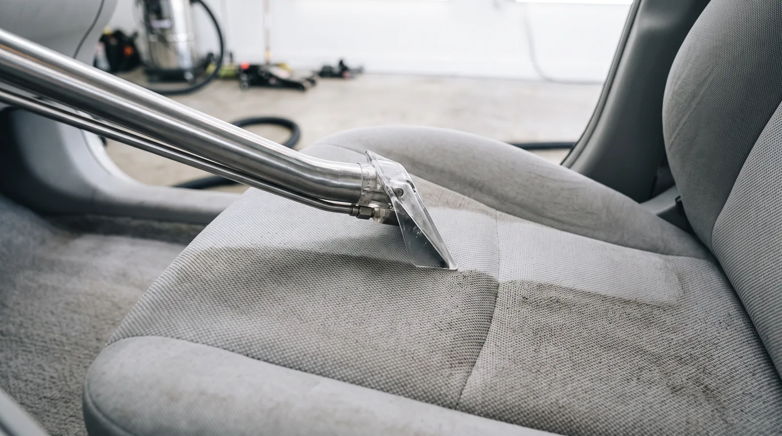 Hot-water extraction wand cleaning a gray cloth car seat in a detailing studio, removing embedded dirt and odor